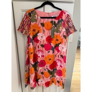 Trina Turk Floral Print Dress Short Sleeve Pink Orange Red Colorful Size‎ L NWT